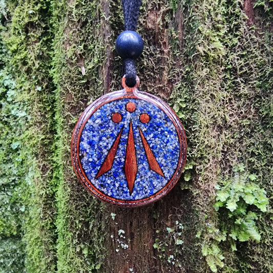 Lapis Lazuli - Awen Symbol - Wood Pendant - Necklace