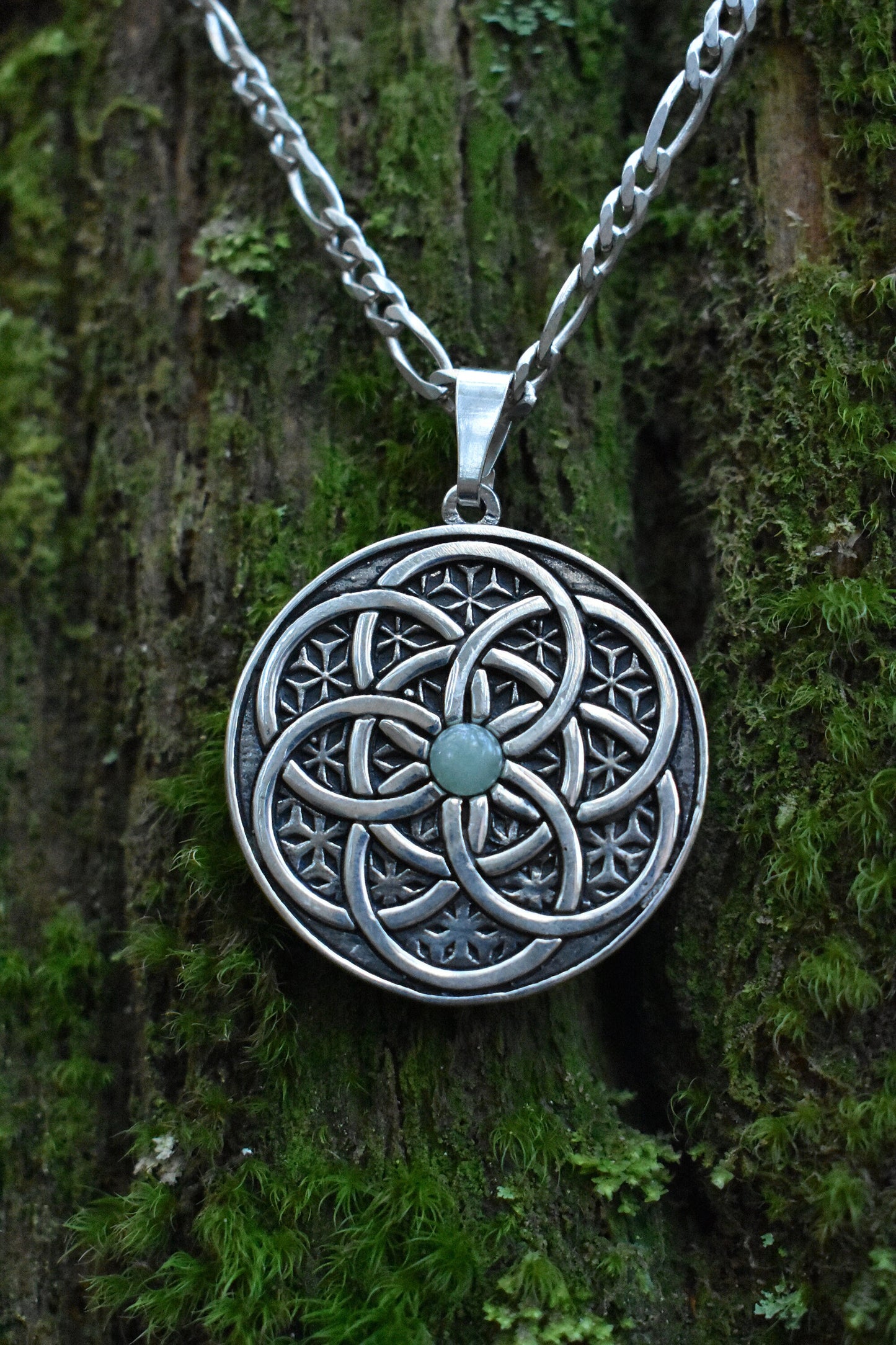 Sterling Silver Seed of Life Pendant - Double Sided - Green Aventurine