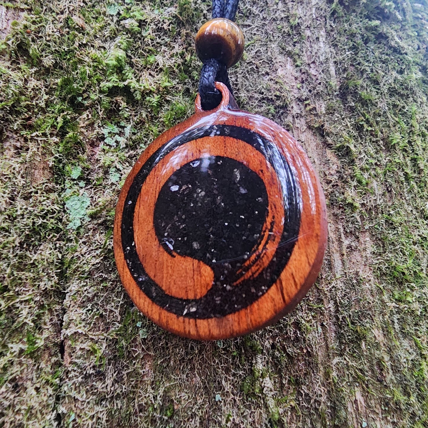Enso Wood Pendant - Necklace with Black Tourmaline - Pyrite