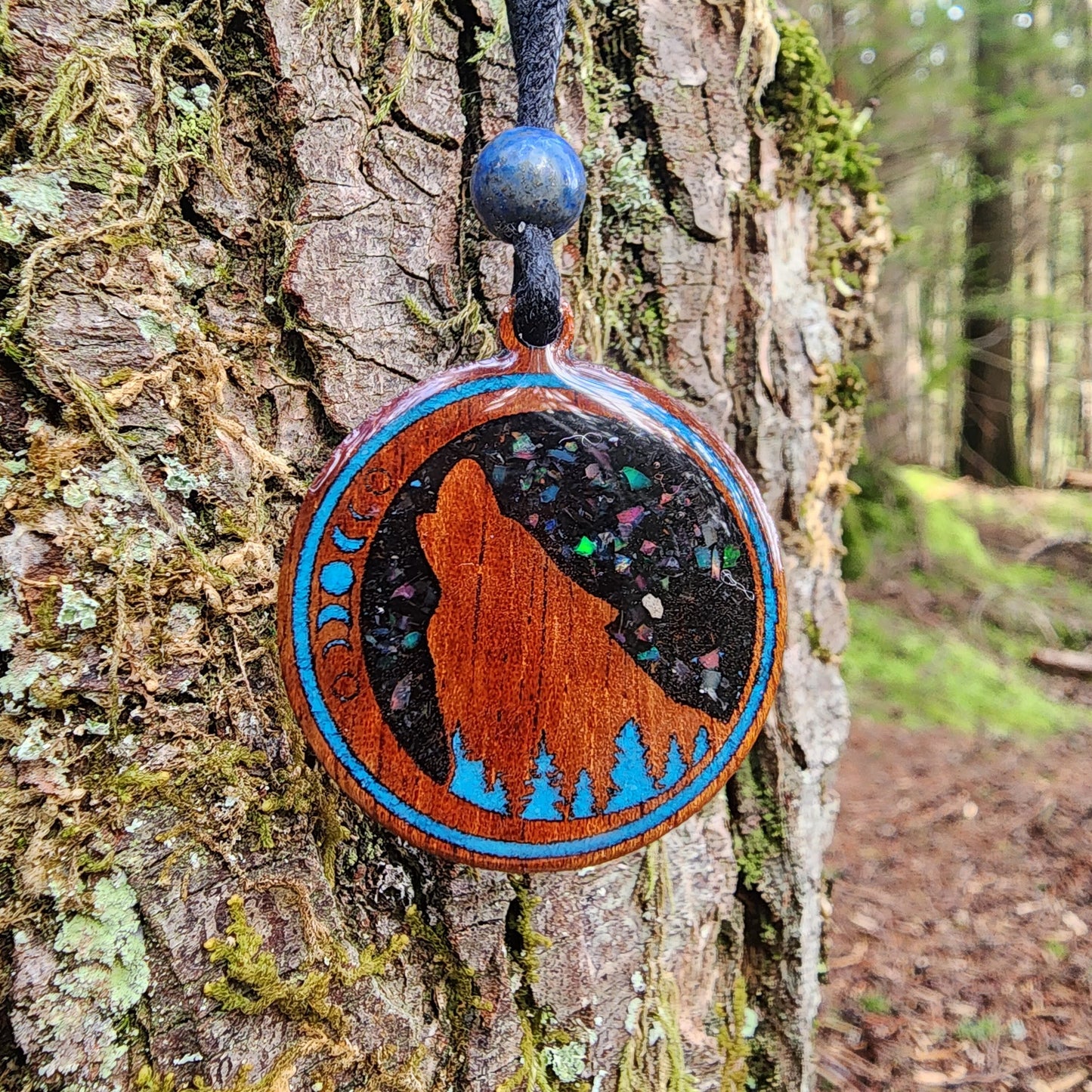 Black Tourmaline - Turquoise -  Ethiopian Opal - Wolf Totem - Wood Pendant - Necklace