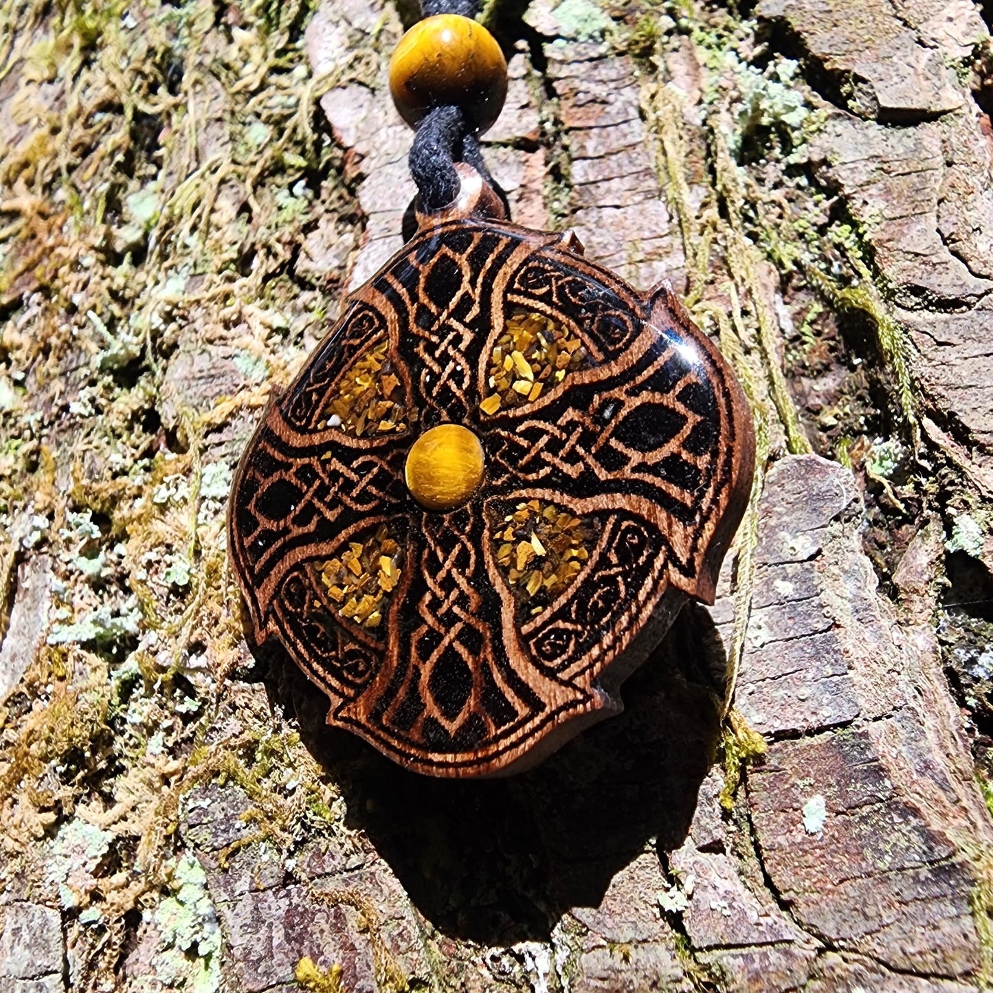 Druid Cross with Black Tourmaline - Tigers Eye  - Wood Pendant - Necklace
