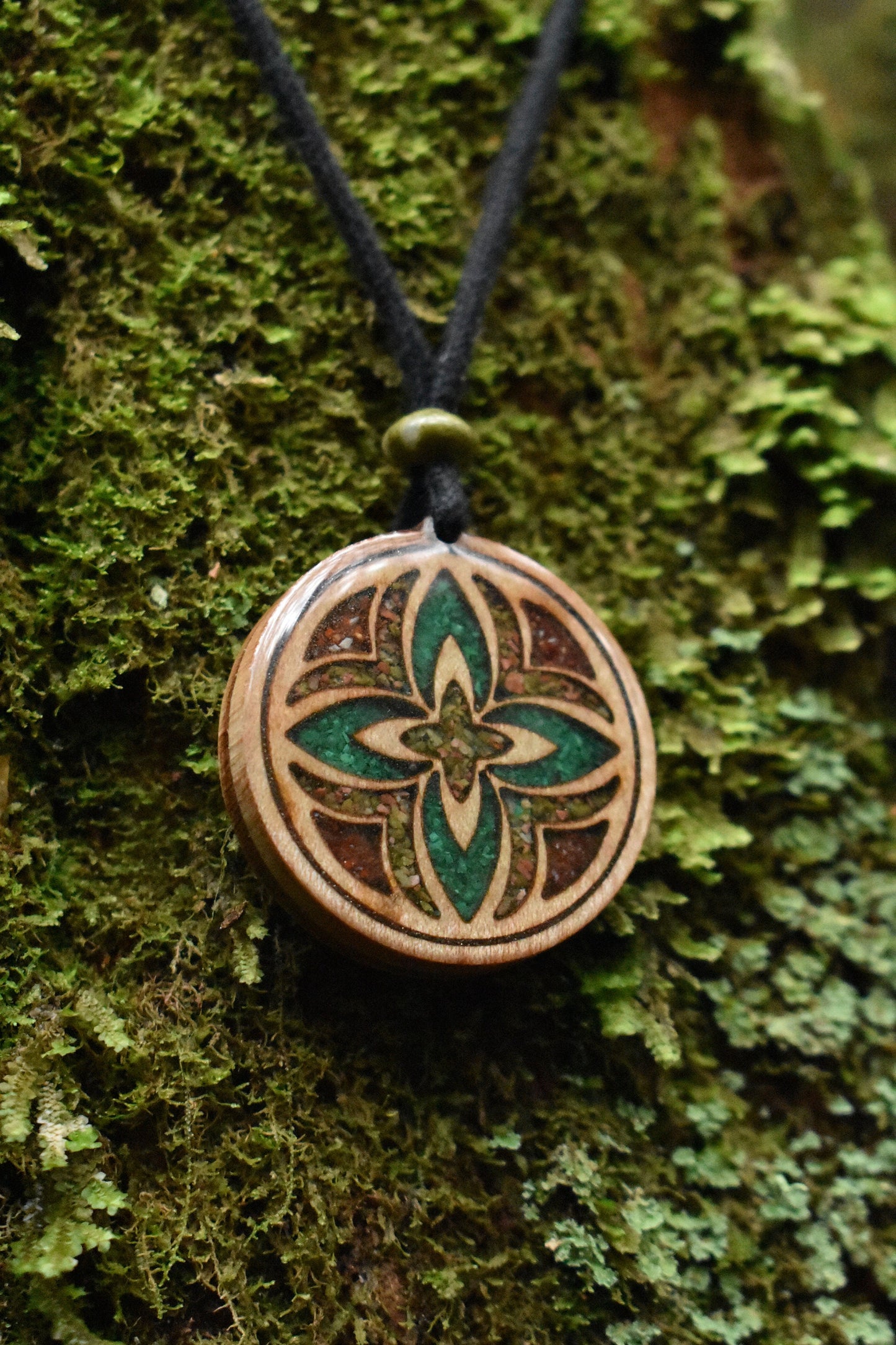 Inner Light Wood Pendant - Necklace with Malachite - Unakite - Carnelian