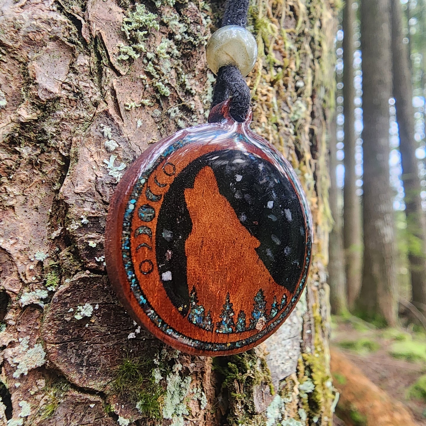 Black Tourmaline - Phoenix Turquoise -  Labradorite - Wolf Totem - Wood Pendant - Necklace