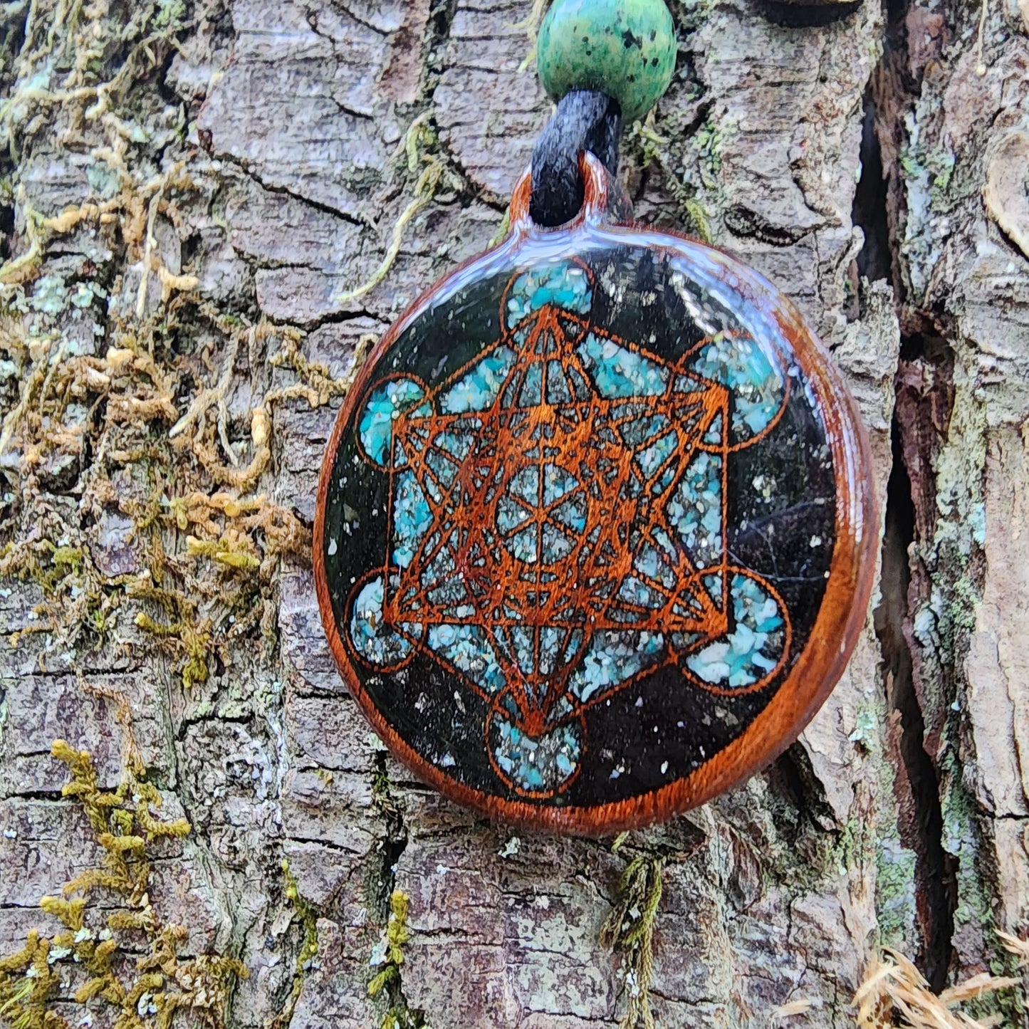 Metatron's Cube - Black Tourmaline - Chrysocolla -  Pyrite - Wood Pendant - Necklace