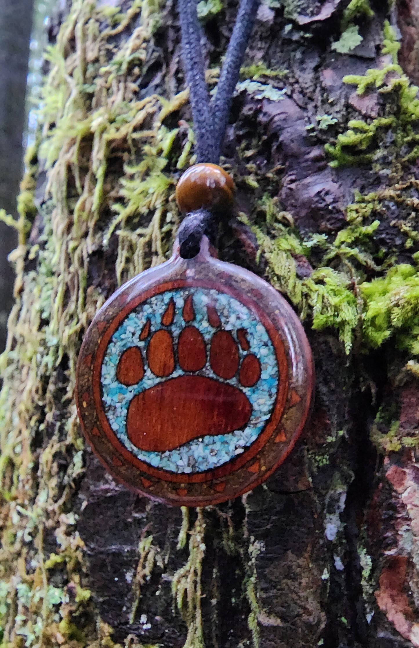 Chrysocolla - Tigers Eye - Bear Totem - Paw - Wood Pendant - Necklace