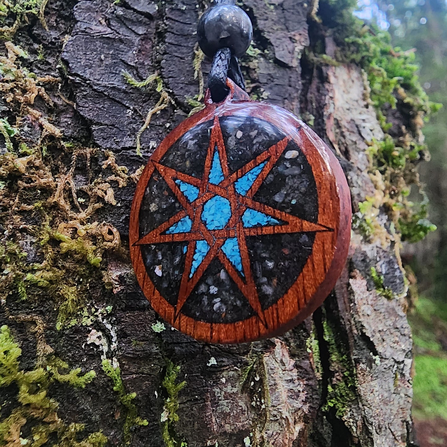 Faery Star - Turquoise -  Black Tourmaline - Labradorite - Wood Pendant - Necklace