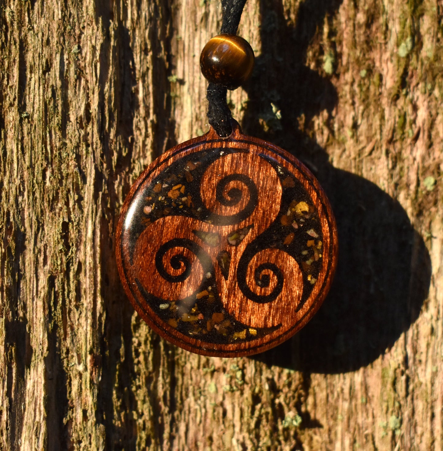 Black Tourmaline & Tigers Eye Triskelion Wood Pendant - Necklace