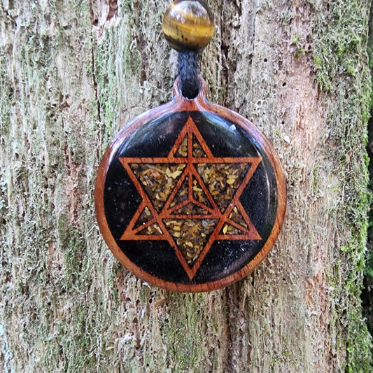 Merkaba - Black Tourmaline - Tigers Eye - Wood Pendant - Necklace