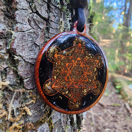 Metatron's Cube - Black Tourmaline - Tigers Eye - Wood Pendant - Necklace