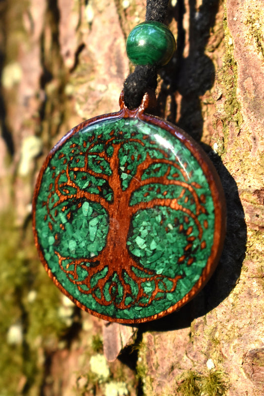 Malachite Tree of Life Wood Pendant  - Necklace - Version 2