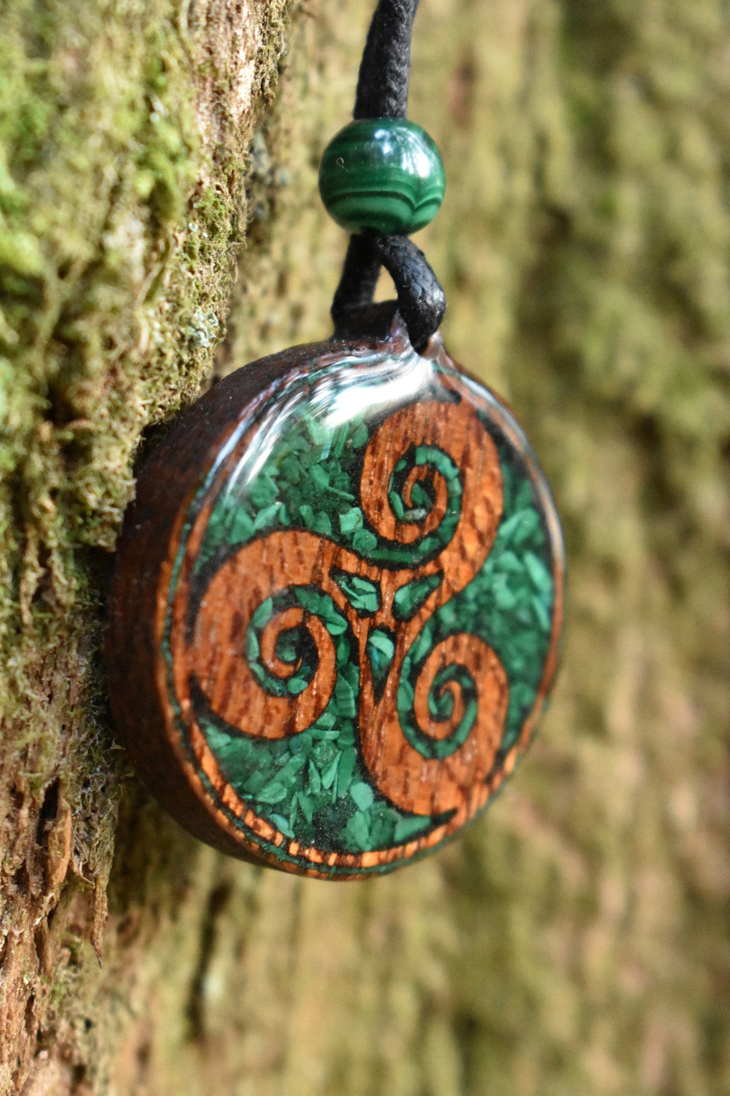 Malachite Triskelion Wood Pendant - Necklace
