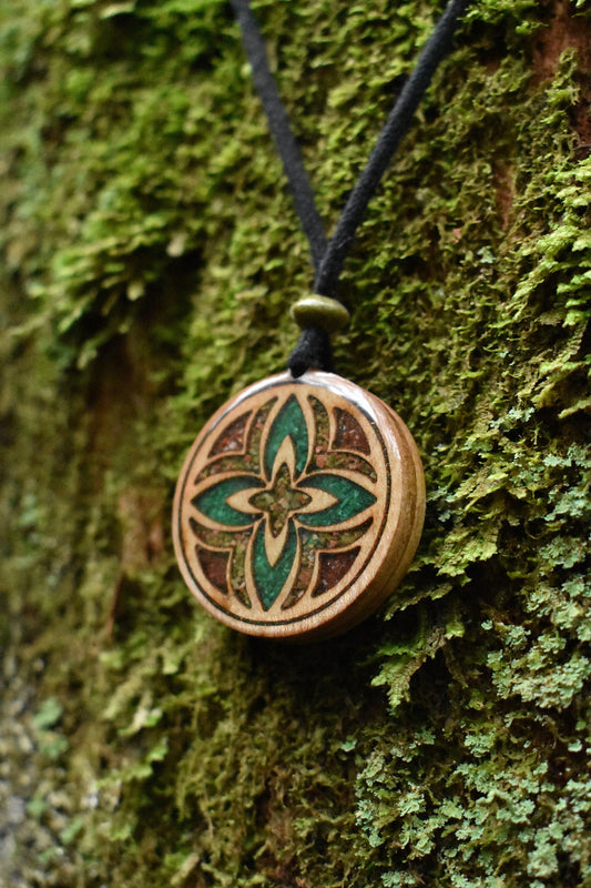 Inner Light Wood Pendant - Necklace with Malachite - Unakite - Carnelian
