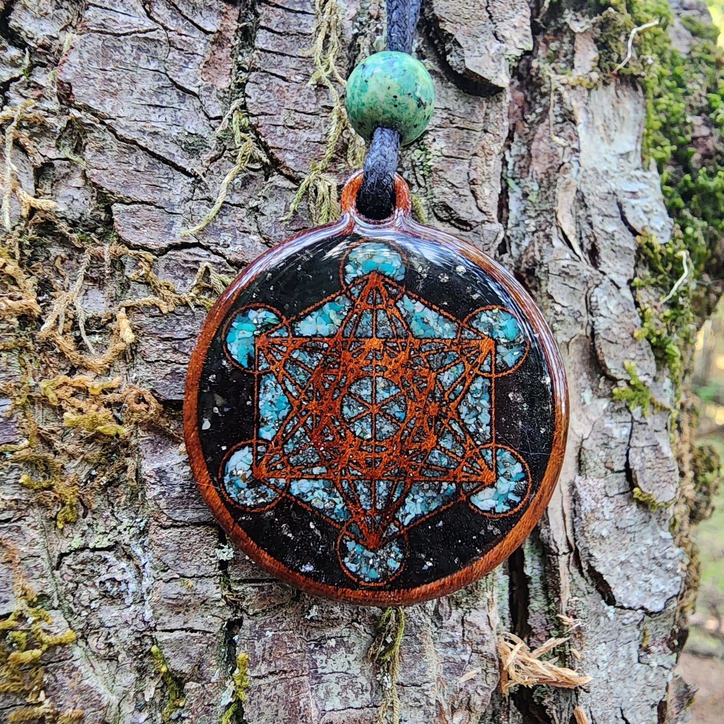 Metatron's Cube - Black Tourmaline - Chrysocolla -  Pyrite - Wood Pendant - Necklace