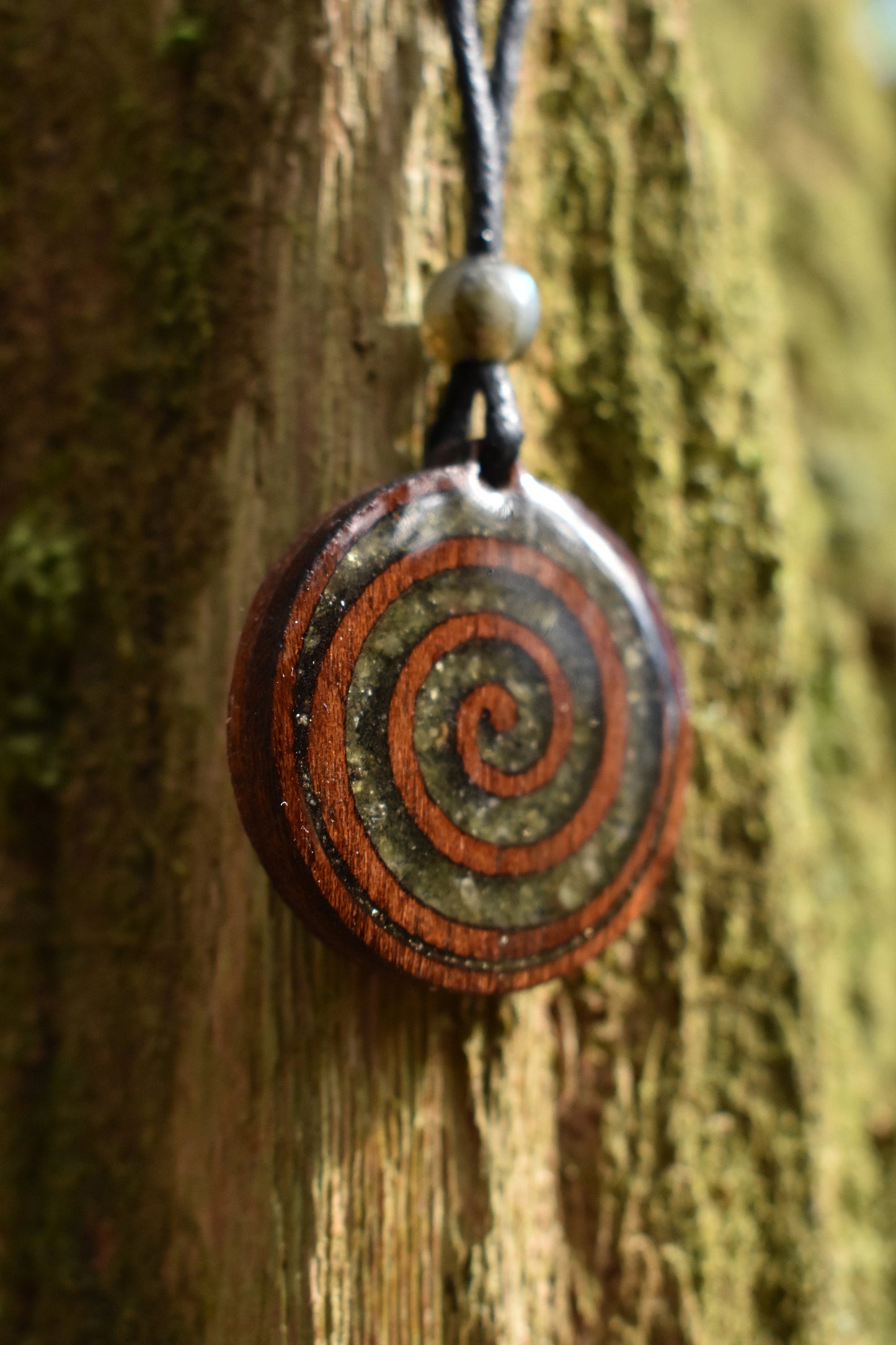 Peridot -Pyrite Celtic Spiral Wood Pendant - Necklace