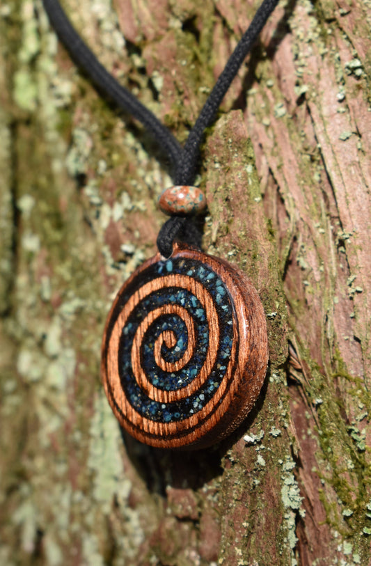 Black tourmaline & Turquoise Celtic Spiral Wood Pendant - Necklace