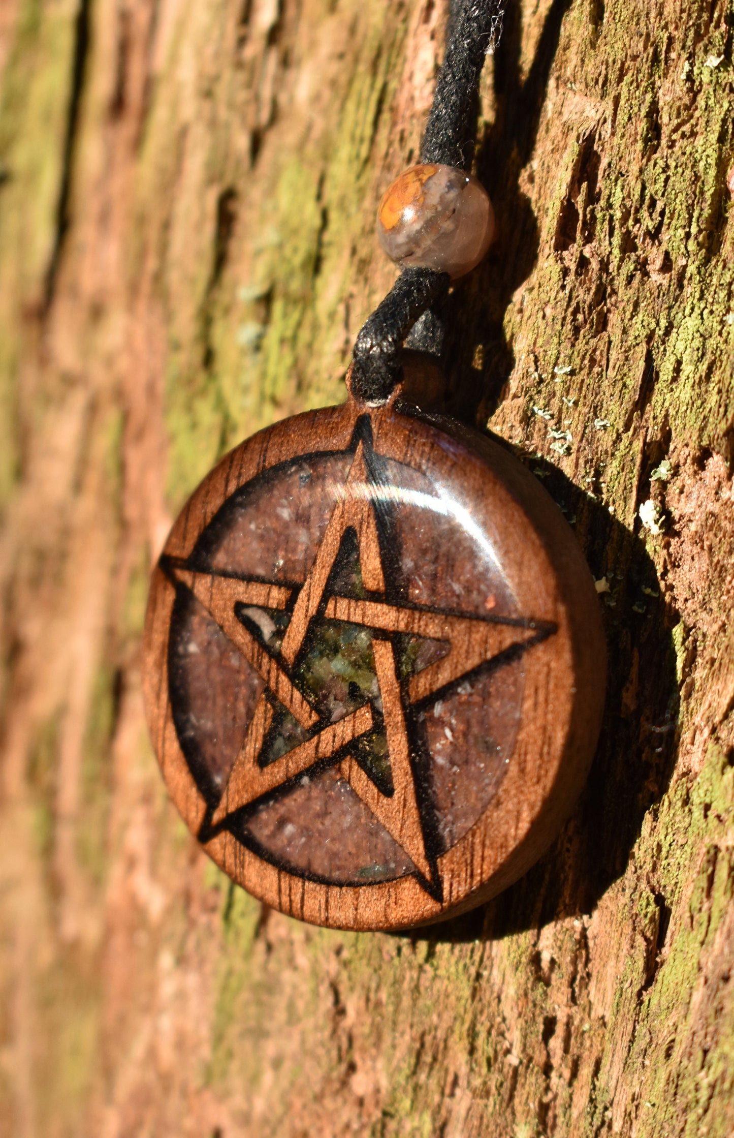 Amethyst & Rainbow Tourmaline  Pentagram Wood Pendant - Necklace