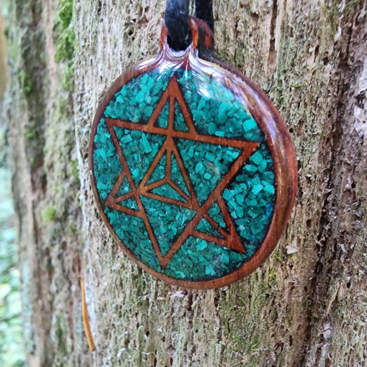 Merkaba -Malachite - Wood Pendant - Necklace