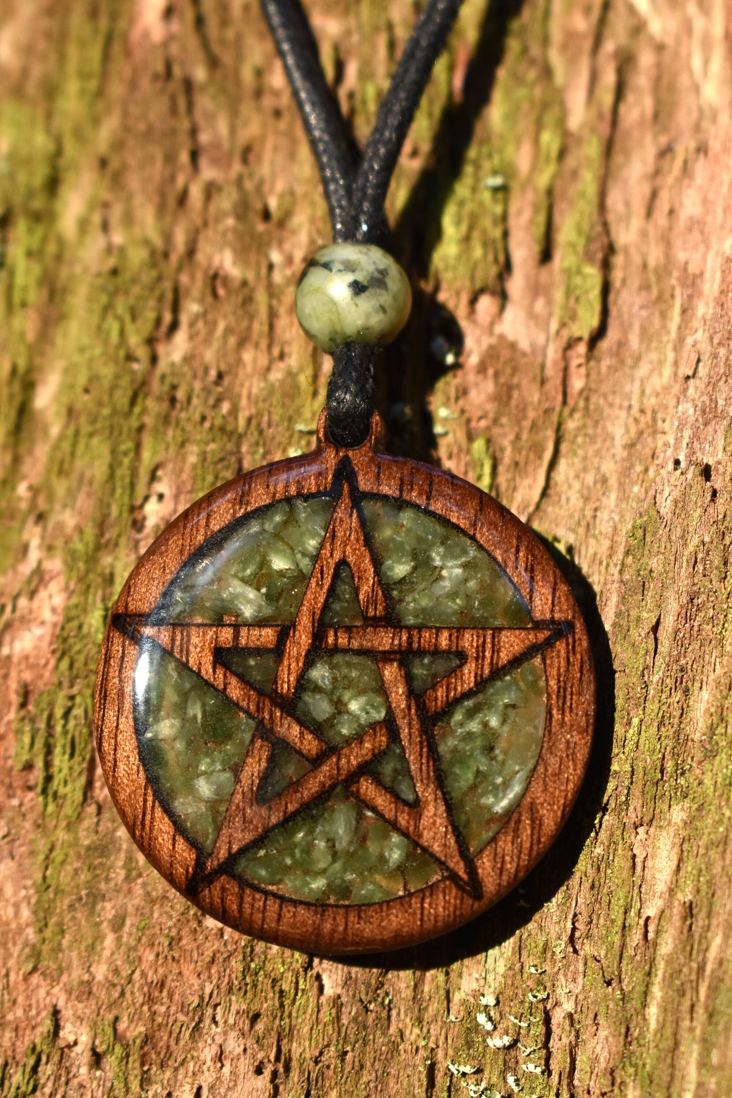 Nephrite Jade Pentagram Wood Pendant - Necklace