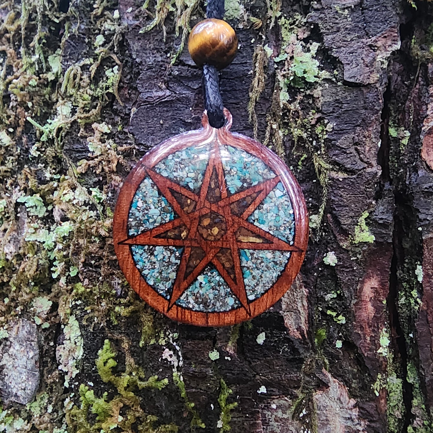 Faery Star - Chrysocolla - Pyrite - Tigers Eye - Wood Pendant - Necklace