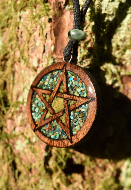 Phoenix Turquoise & Green Opal Pentagram Wood Pendant - Necklace