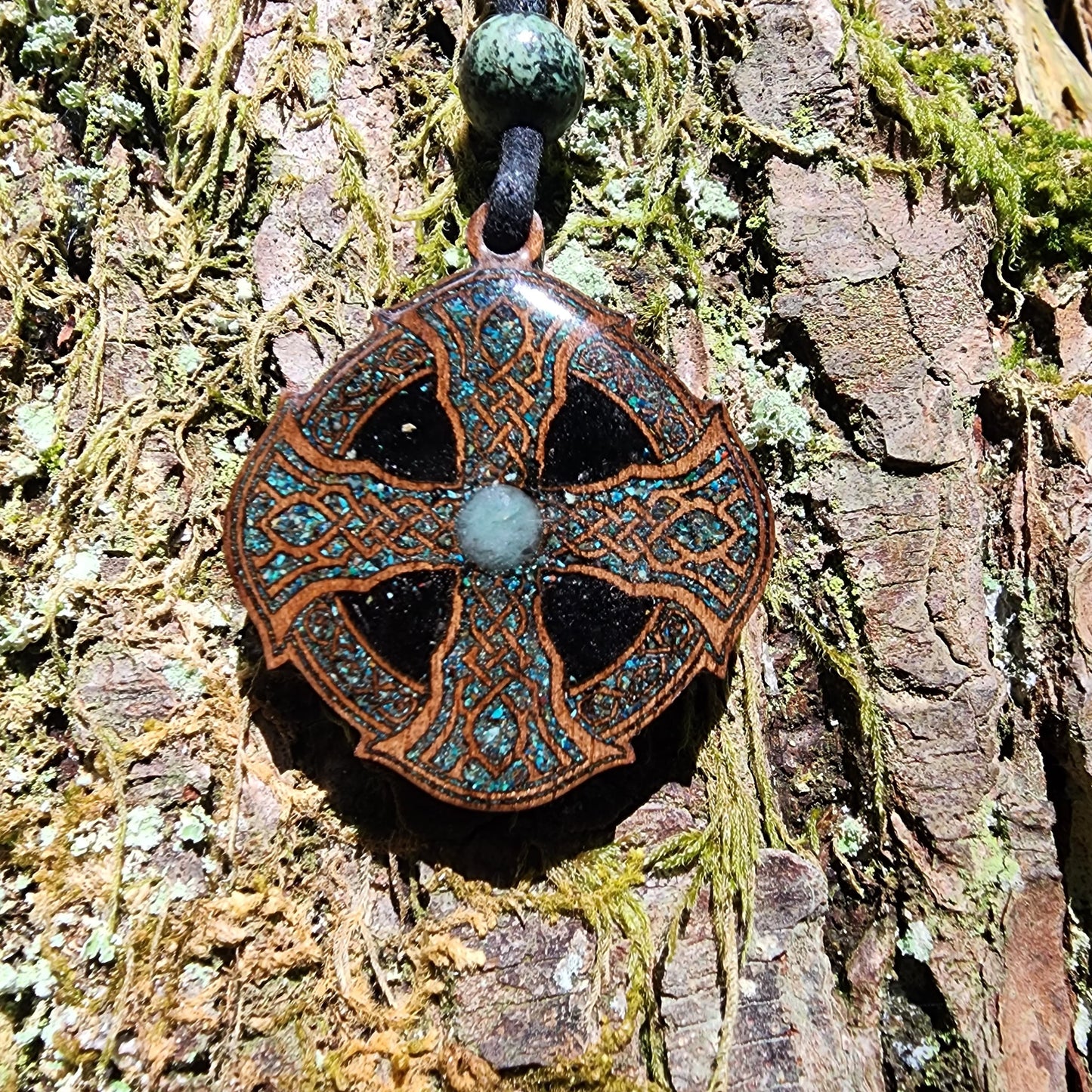 Druid Cross with Green Aventurine - Black Tourmaline - Phoenix Turquoise  - Wood Pendant - Necklace