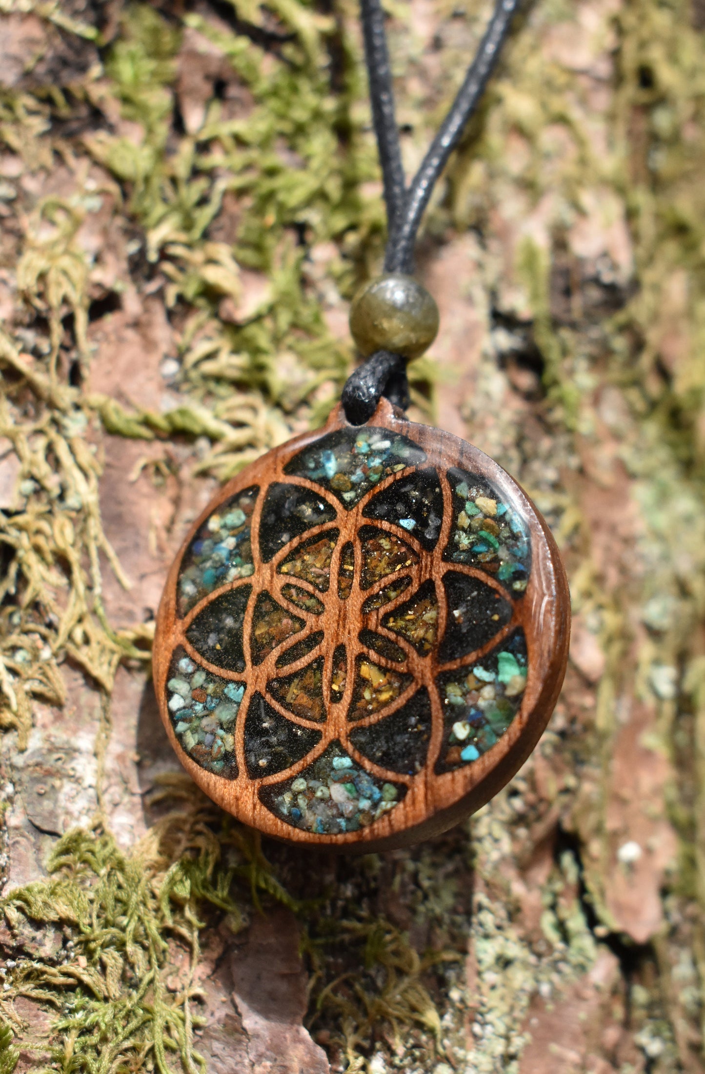 Seed of Life Pendant - Necklace with Phoenix Turquoise - Pyrite - Tigers Eye - Black Tourmaline - Labradorite