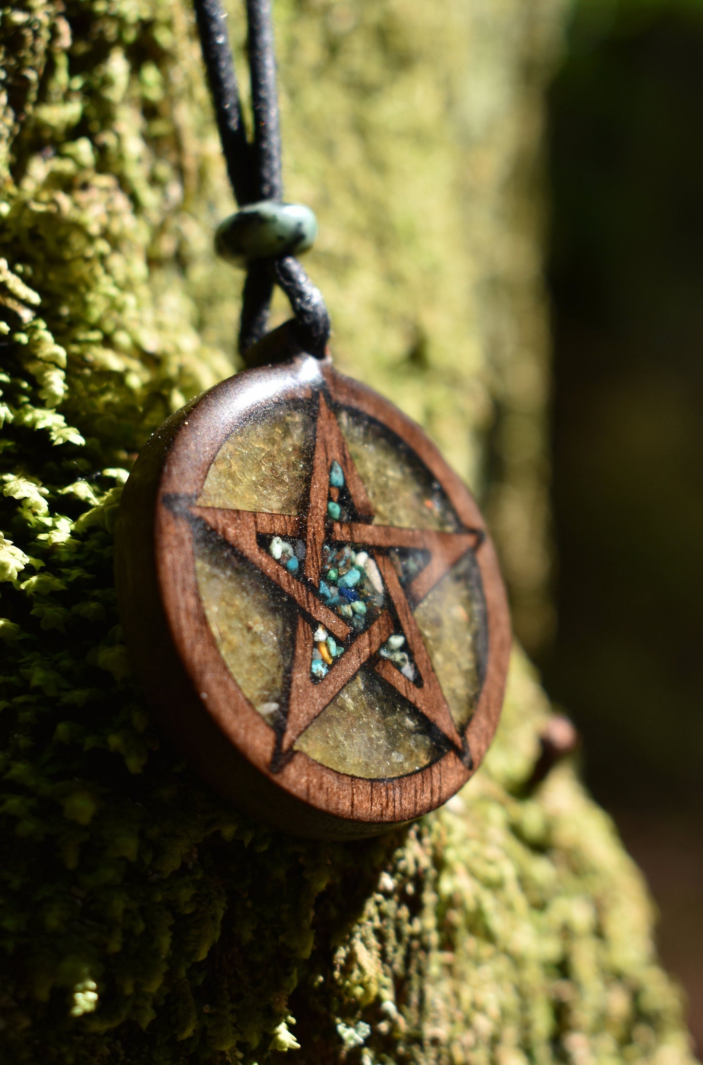 Phoenix Turquoise & Peridot Pentagram Wood Pendant - Necklace