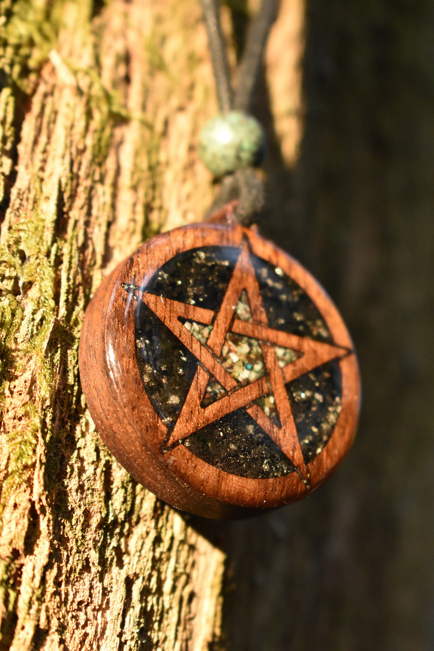 Azurite & Black Tourmaline - Pentagram Wood Pendant - Necklace