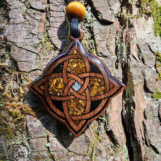 Witches Knot with Black Tourmaline - Tigers Eye -  Mother of Pearl - Wood Pendant - Necklace