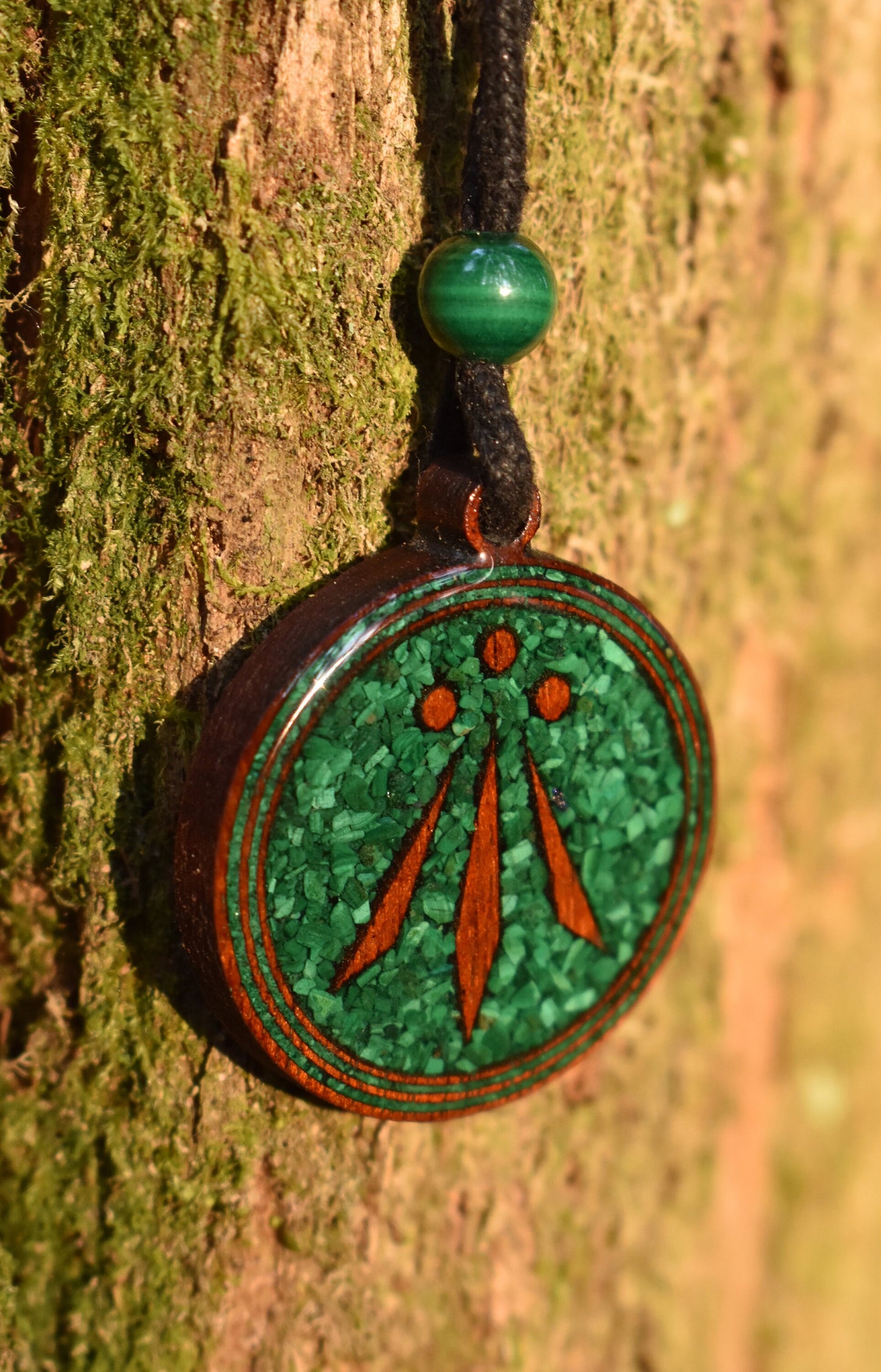 Malachite - Awen Symbol - Wood Pendant - Necklace