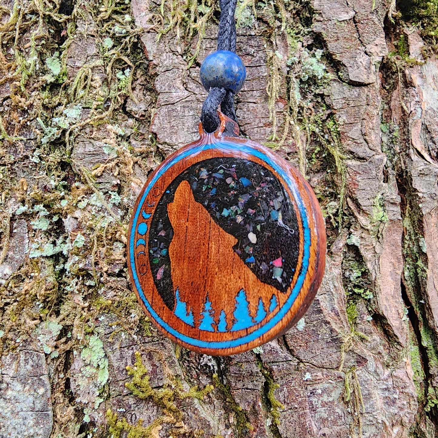 Black Tourmaline - Turquoise -  Ethiopian Opal - Wolf Totem - Wood Pendant - Necklace