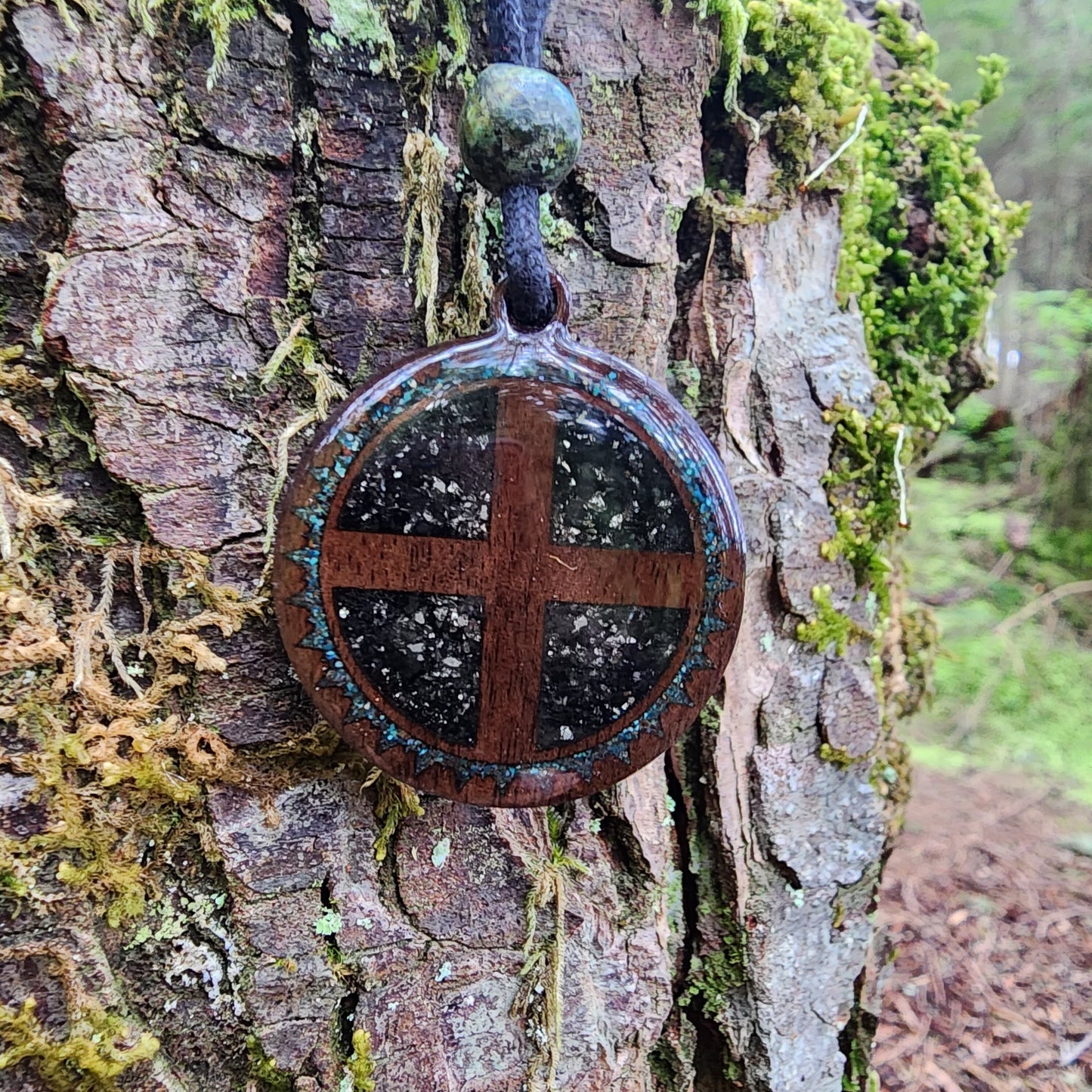 Solar Cross with Black Tourmaline - Pyrite - Phoenix Turquoise - Wood Pendant - Necklace