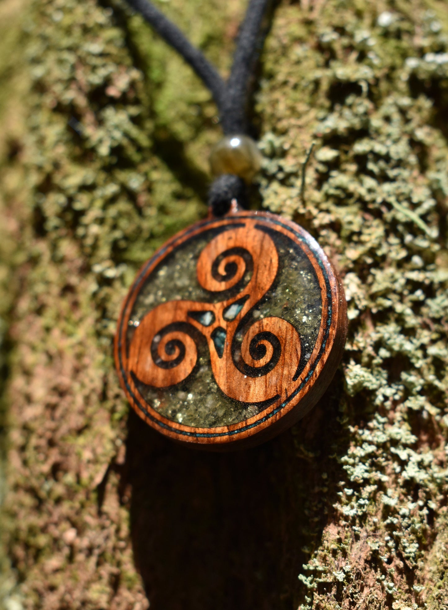 Peridot & Pyrite Triskelion Wood Pendant - Necklace