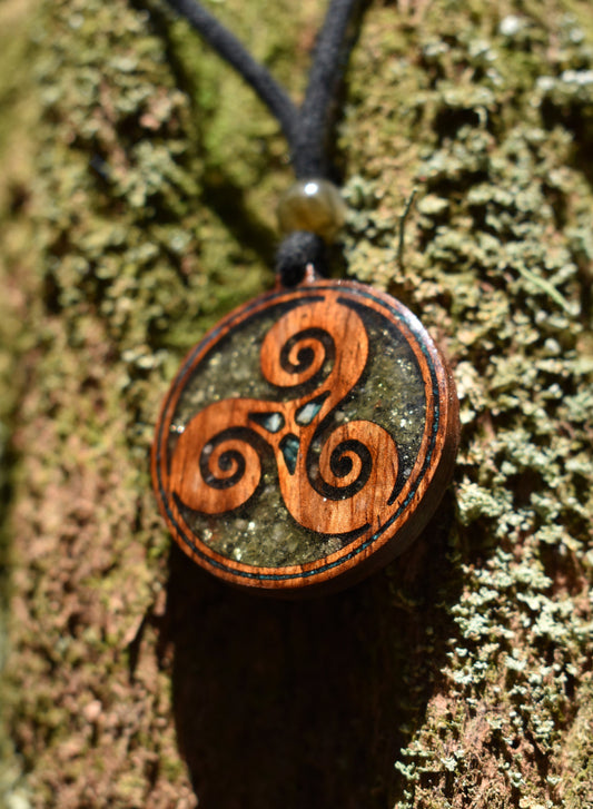 Peridot & Pyrite Triskelion Wood Pendant - Necklace
