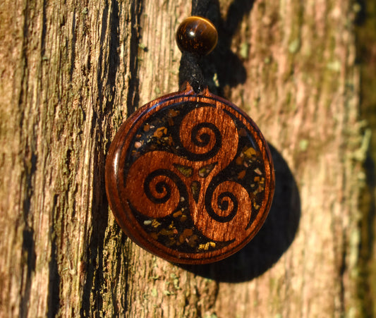 Black Tourmaline & Tigers Eye Triskelion Wood Pendant - Necklace