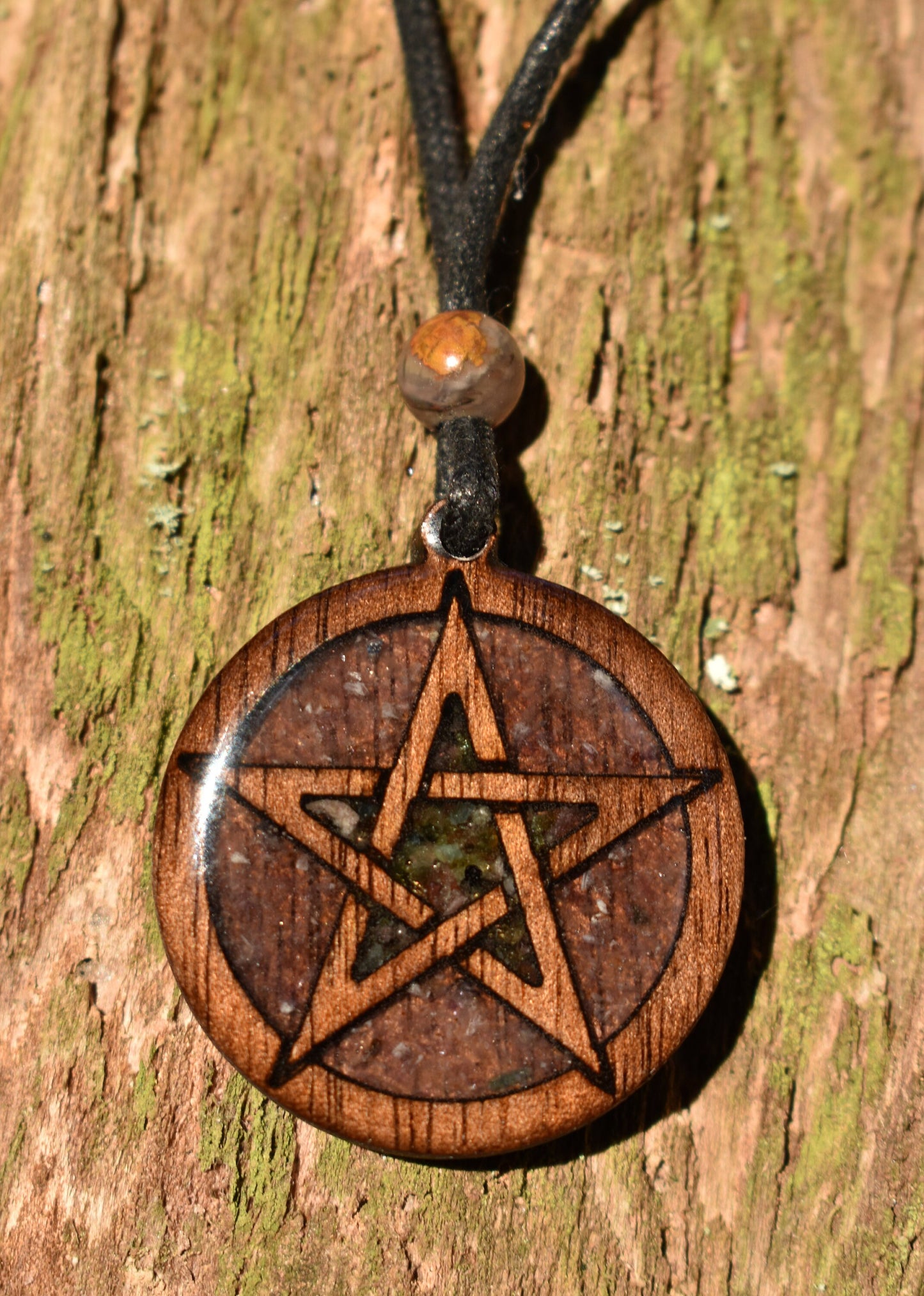 Amethyst & Rainbow Tourmaline  Pentagram Wood Pendant - Necklace