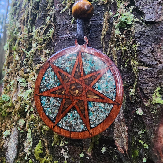 Faery Star - Chrysocolla - Pyrite - Tigers Eye - Wood Pendant - Necklace