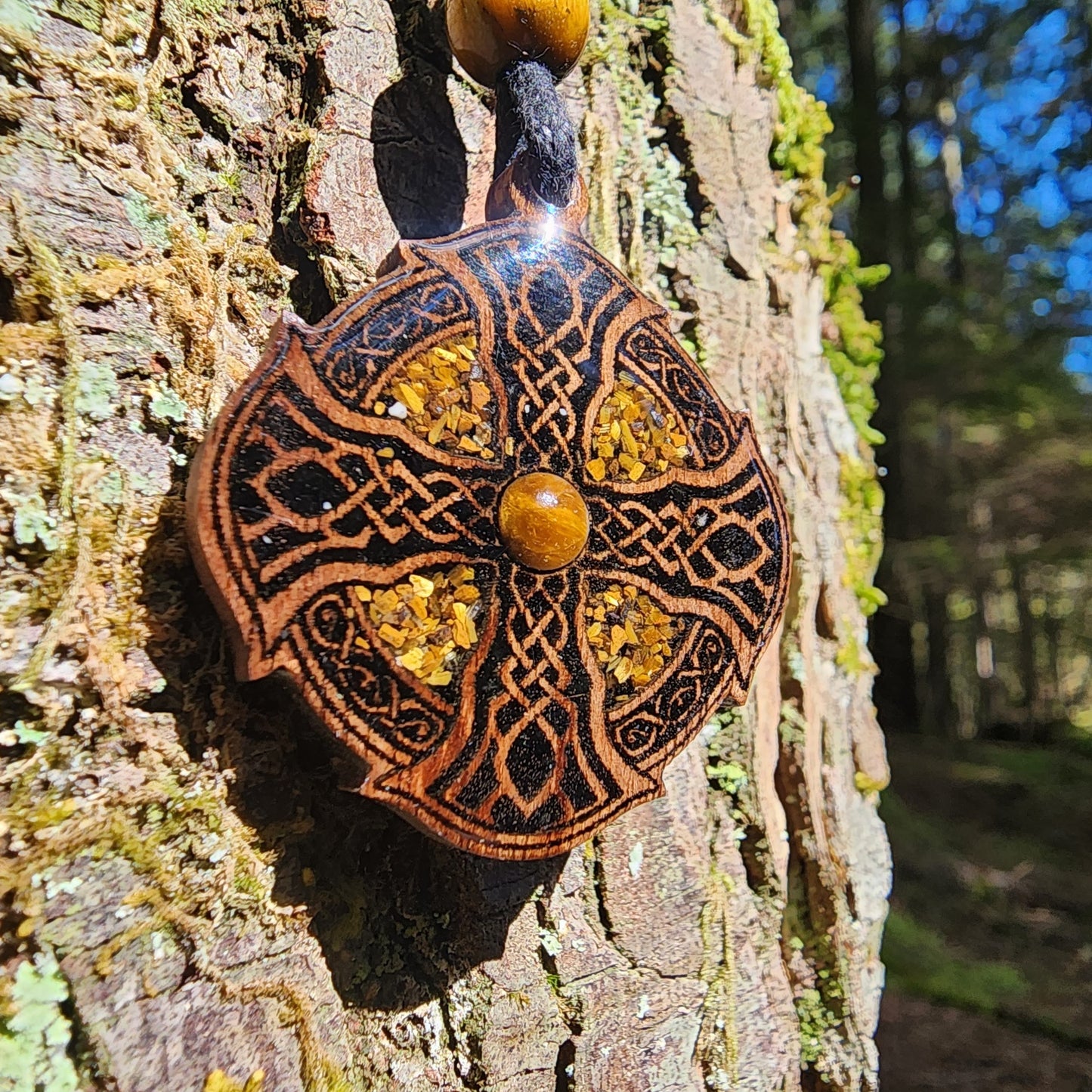 Druid Cross with Black Tourmaline - Tigers Eye  - Wood Pendant - Necklace