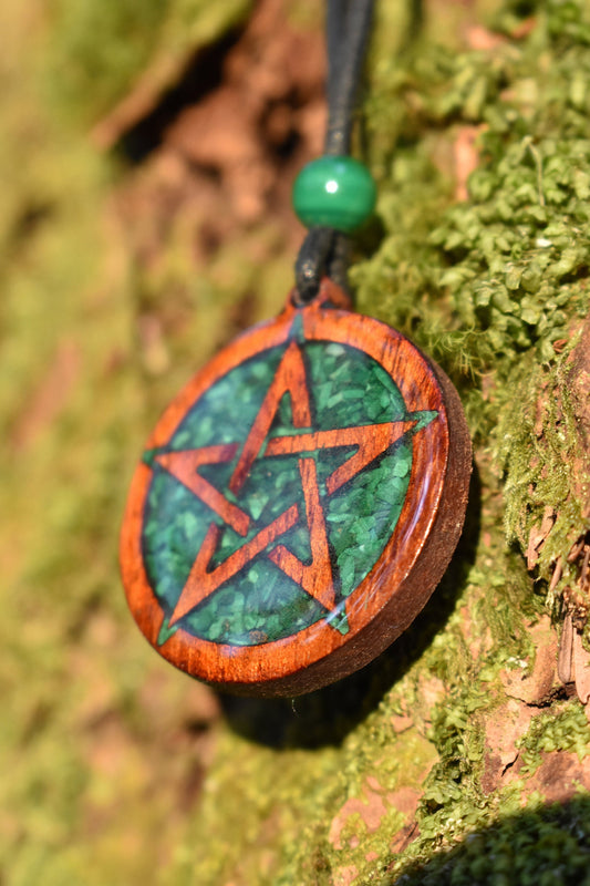 Malachite Pentagram Wood Pendant - Necklace