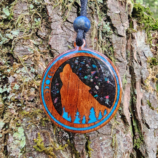 Black Tourmaline - Turquoise -  Ethiopian Opal - Wolf Totem - Wood Pendant - Necklace