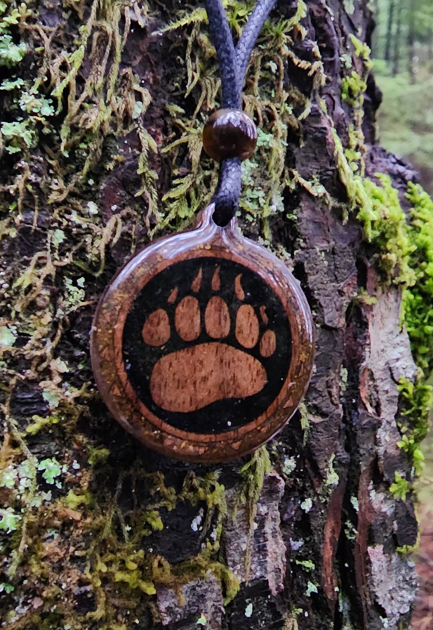Black Tourmaline - Tigers Eye - Bear Totem - Paw - Wood Pendant - Necklace