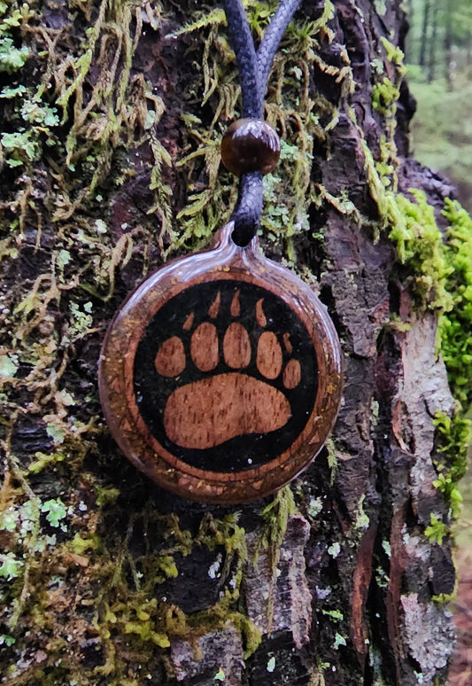 Black Tourmaline - Tigers Eye - Bear Totem - Paw - Wood Pendant - Necklace