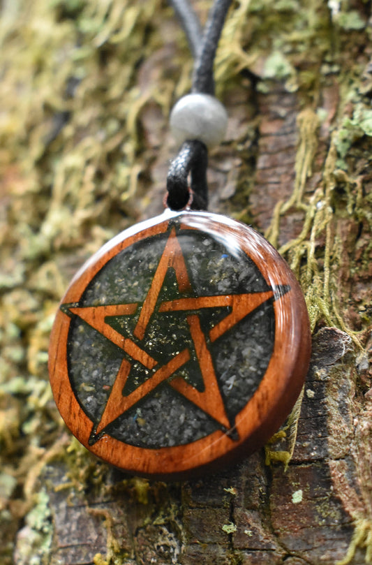 Black Tourmaline & Labradorite Pentagram Wood Pendant - Necklace