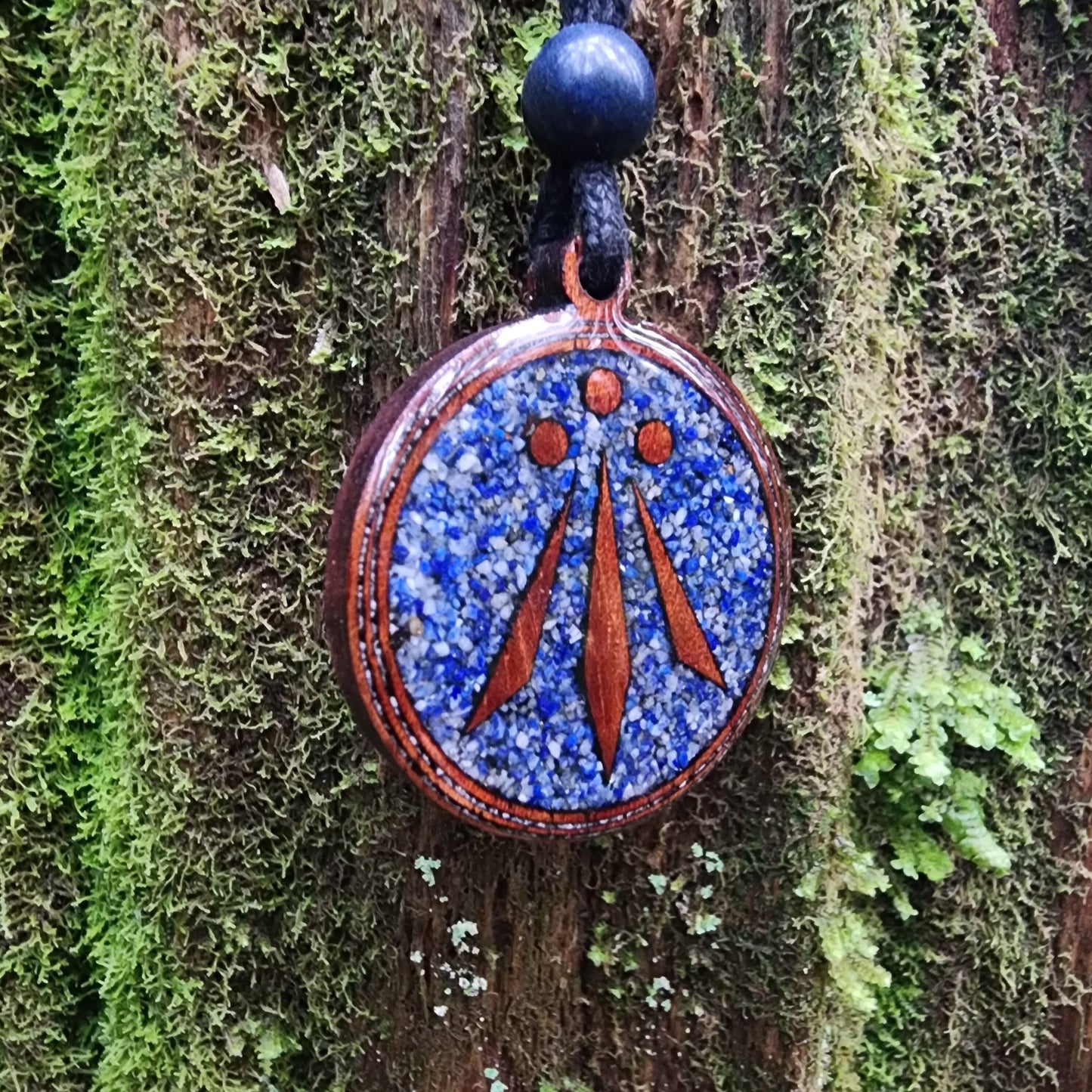 Lapis Lazuli - Awen Symbol - Wood Pendant - Necklace