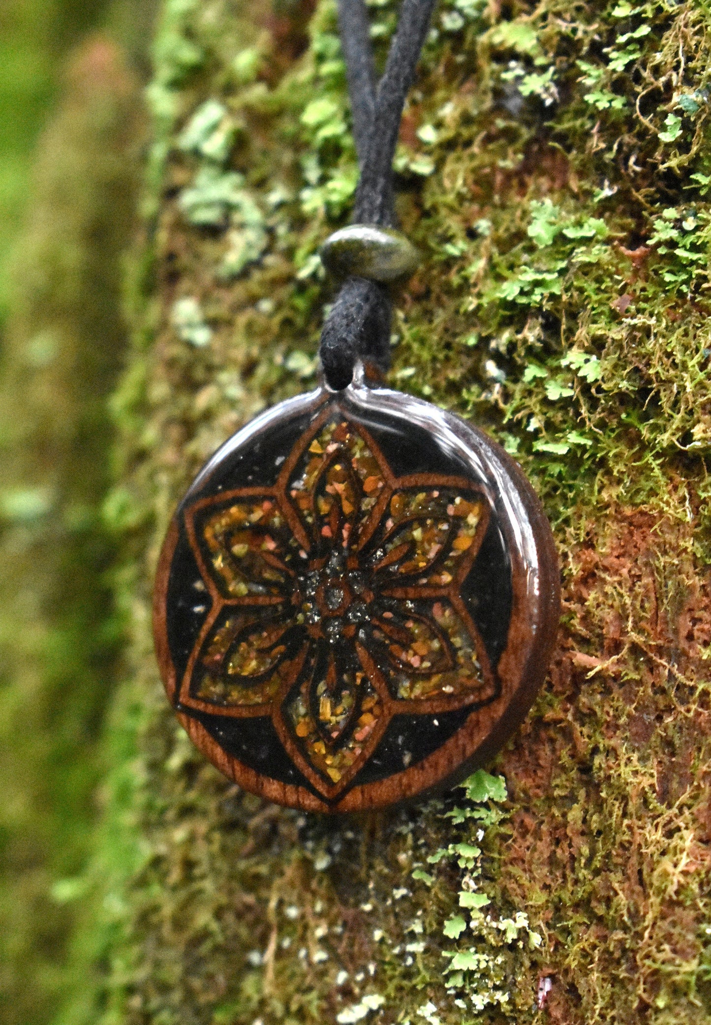 Flower Wood Pendant - Necklace with Tigers Eye - Black Tourmaline