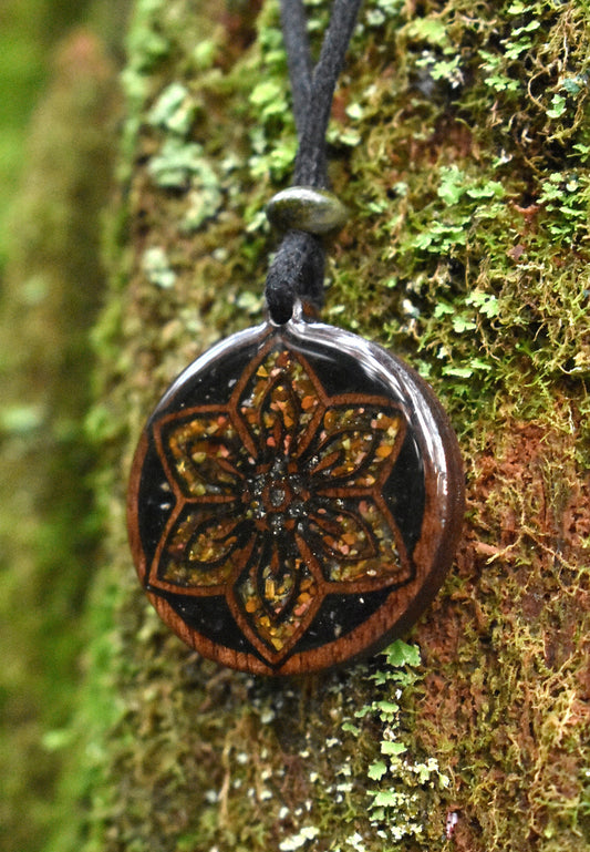 Flower Wood Pendant - Necklace with Tigers Eye - Black Tourmaline