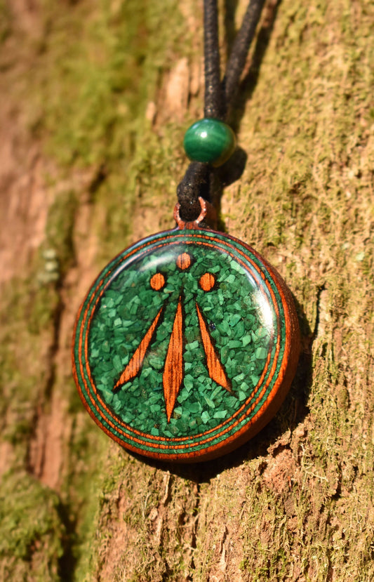 Malachite - Awen Symbol - Wood Pendant - Necklace