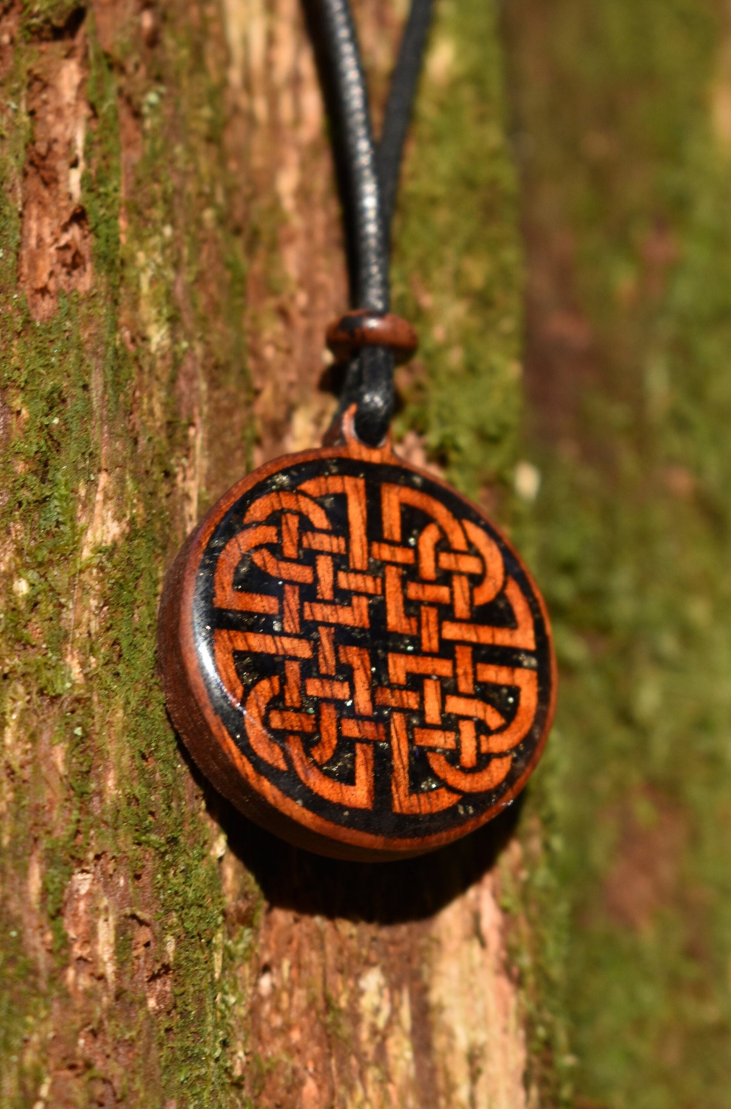 Dara Knot with Black Tourmaline - Shungite - Pyrite  - Wood Pendant - Necklace