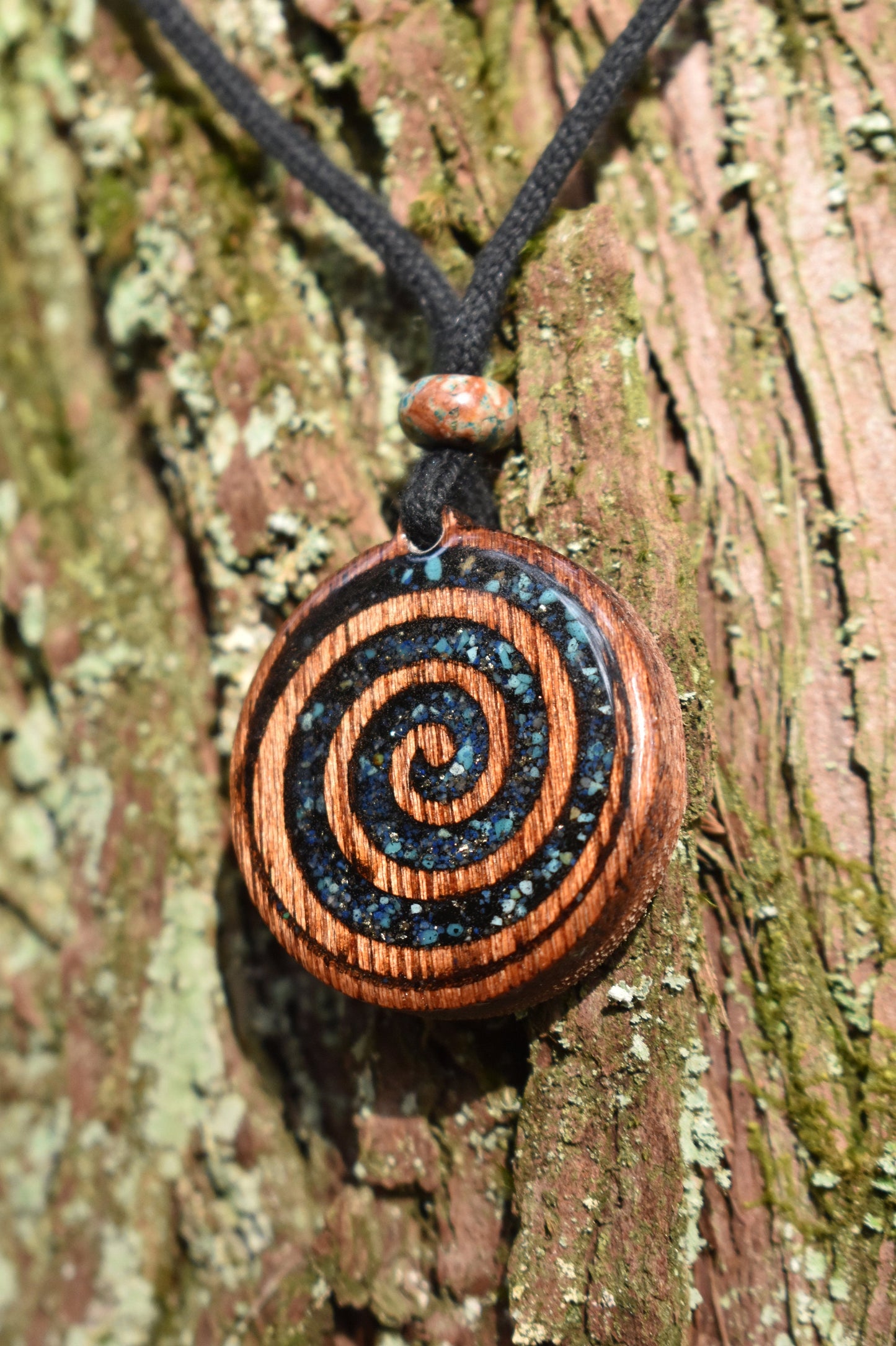 Black tourmaline & Turquoise Celtic Spiral Wood Pendant - Necklace