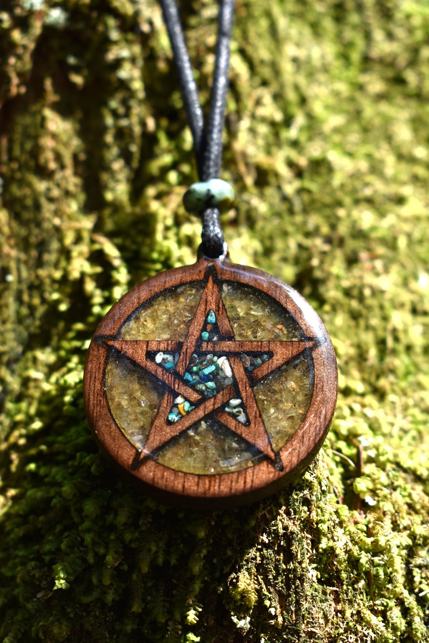 Phoenix Turquoise & Peridot Pentagram Wood Pendant - Necklace